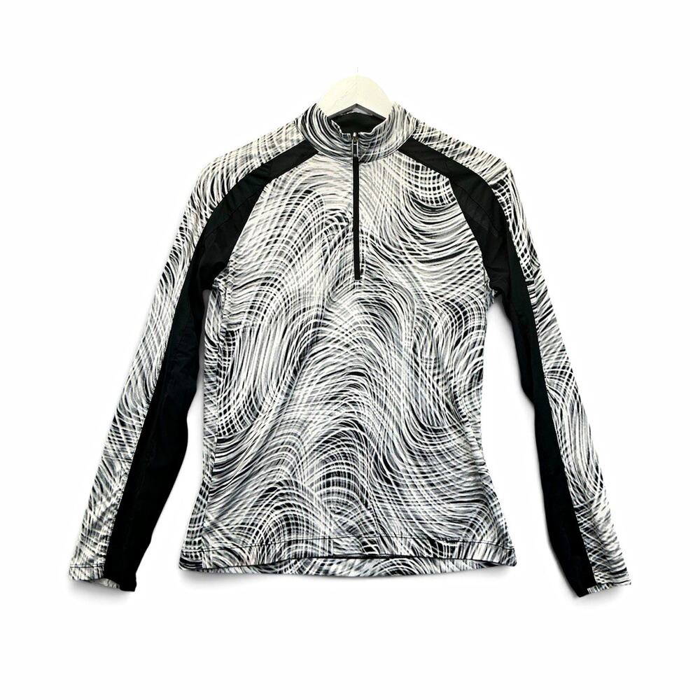 Black/White Abstract 1/4 Zip Mock Neck Athletic Pullover Gym Top Poly/Span M